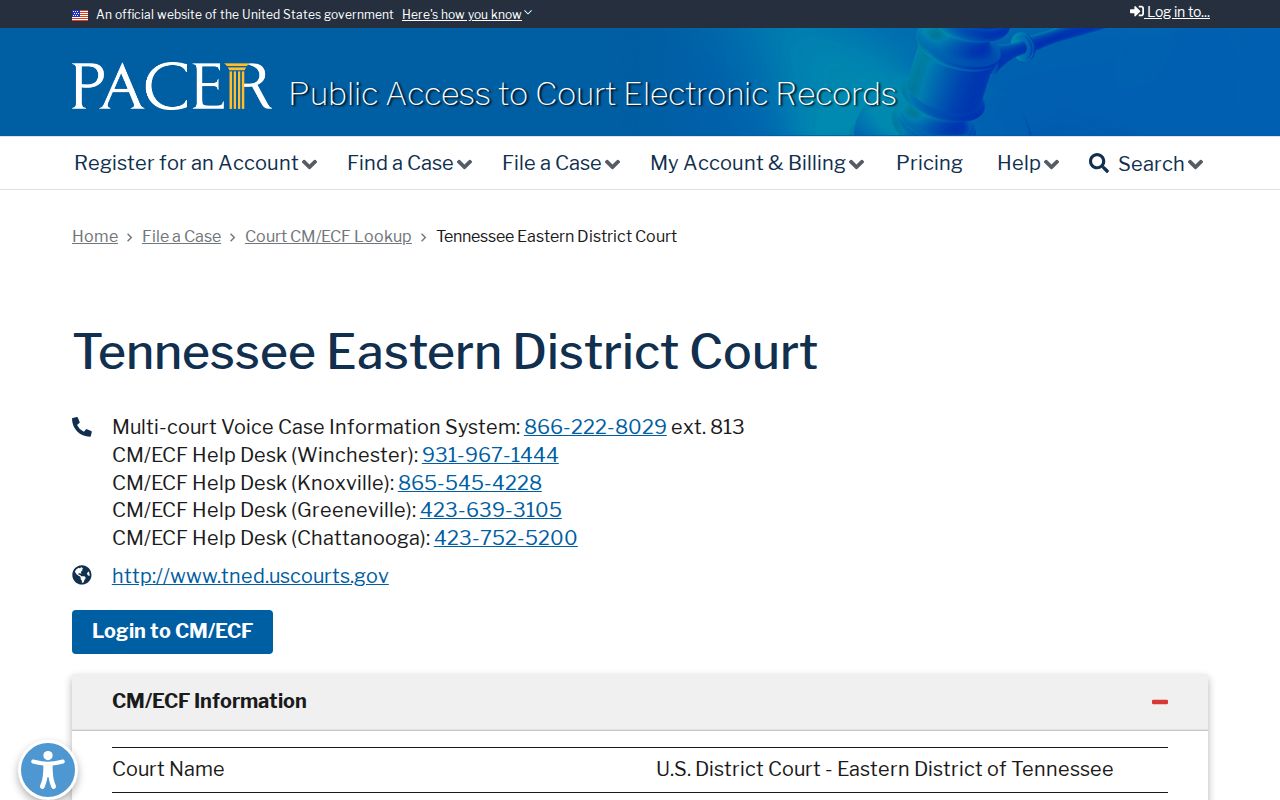 Marion County case search comparison with the PACER Eastern Tennessee directory