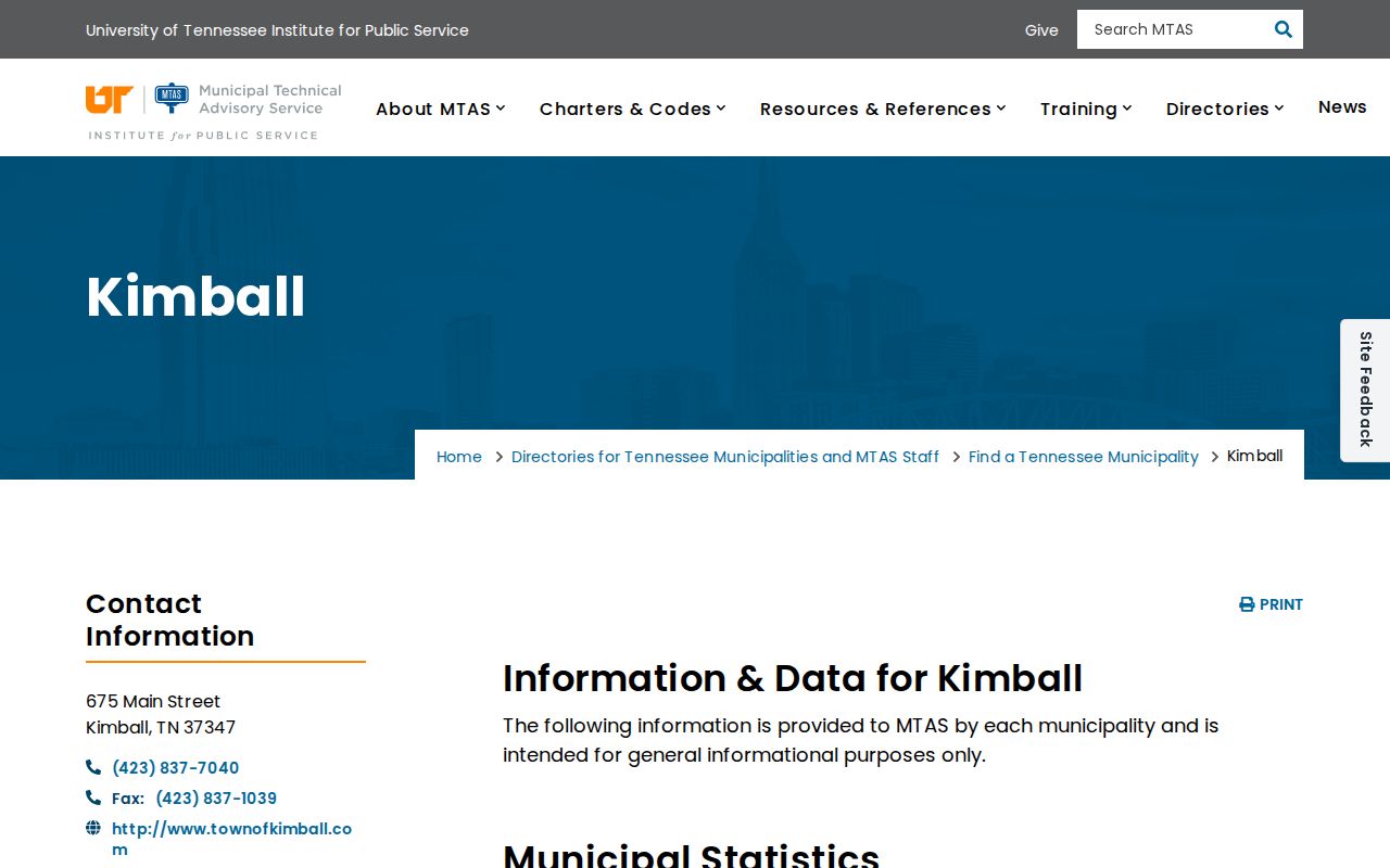 MTAS profile showing Kimball Town Hall and municipal court contacts