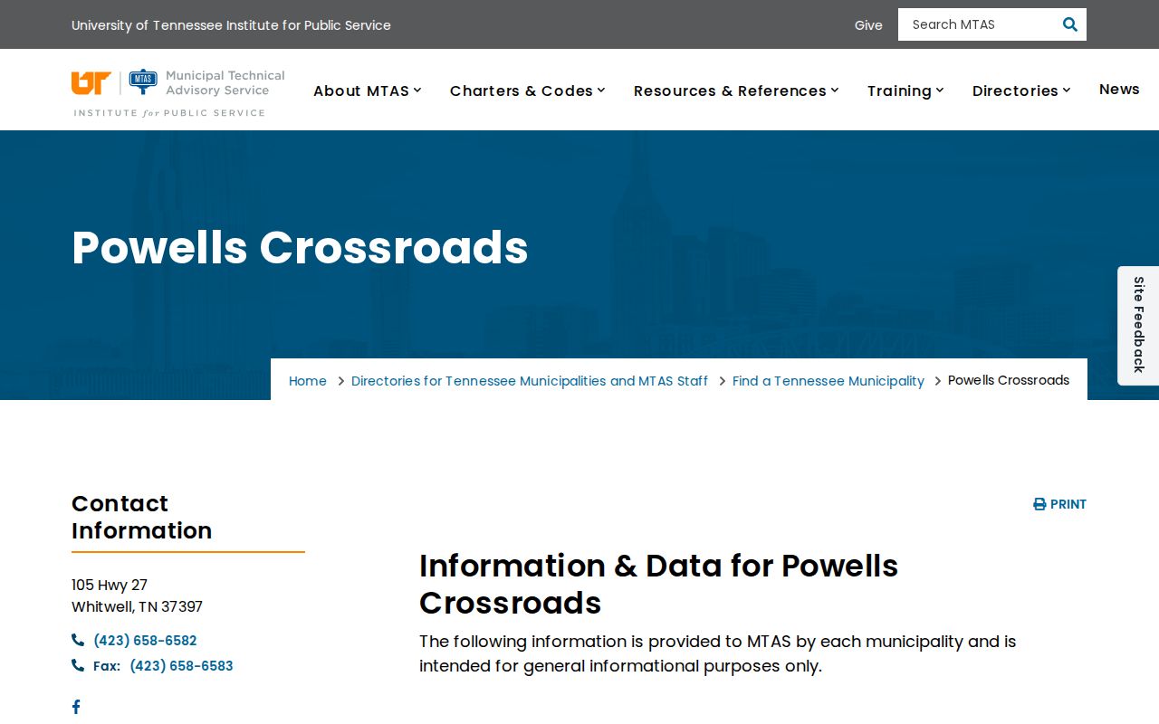 MTAS Powells Crossroads municipal profile and Town Hall details