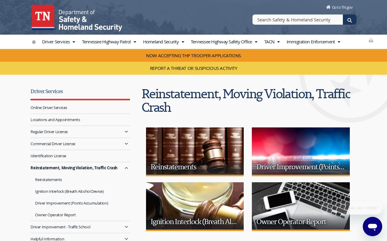 Tennessee Driver Services moving violations and reinstatement page
