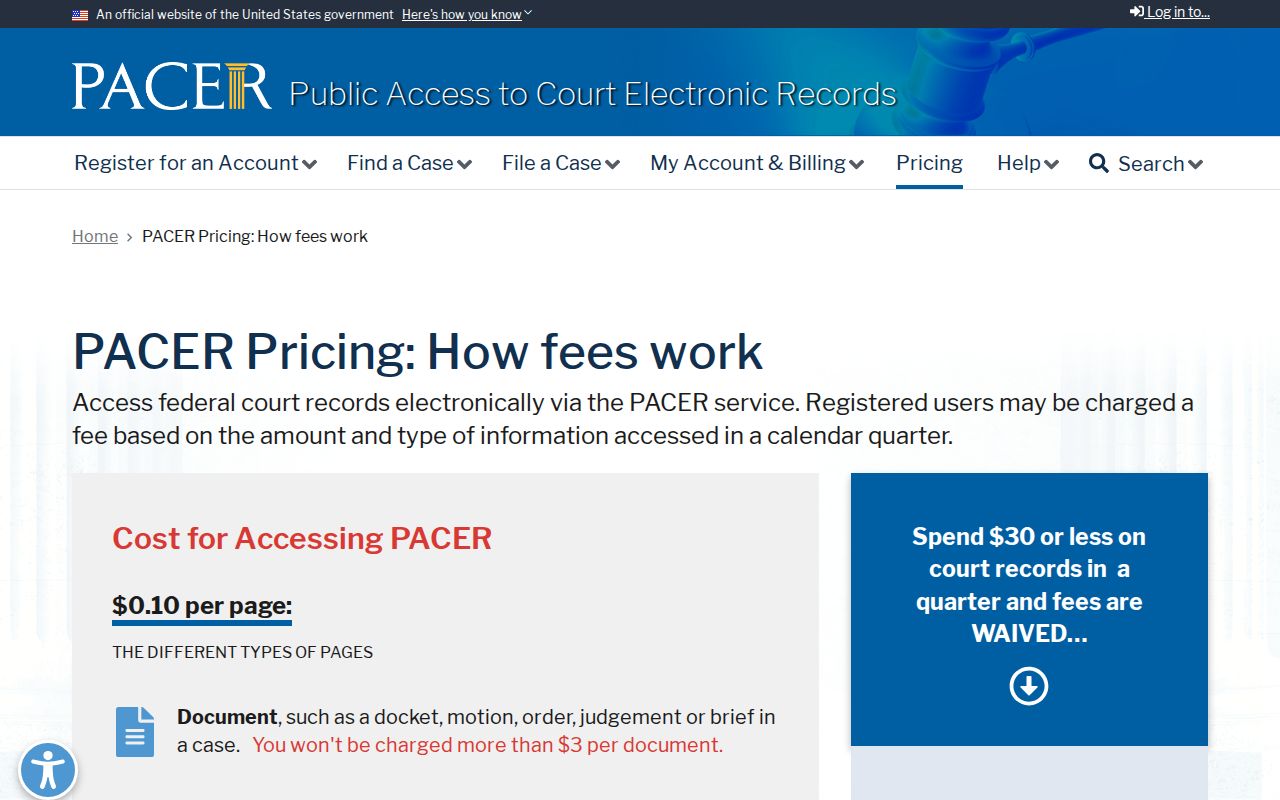 Whitwell court docket comparison showing official federal PACER fees