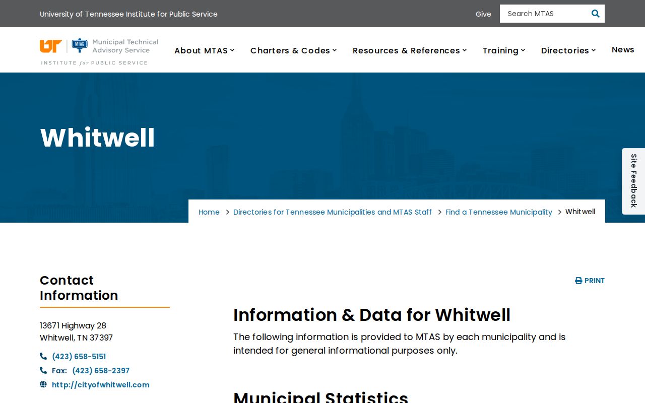Whitwell court docket research showing the official municipal profile